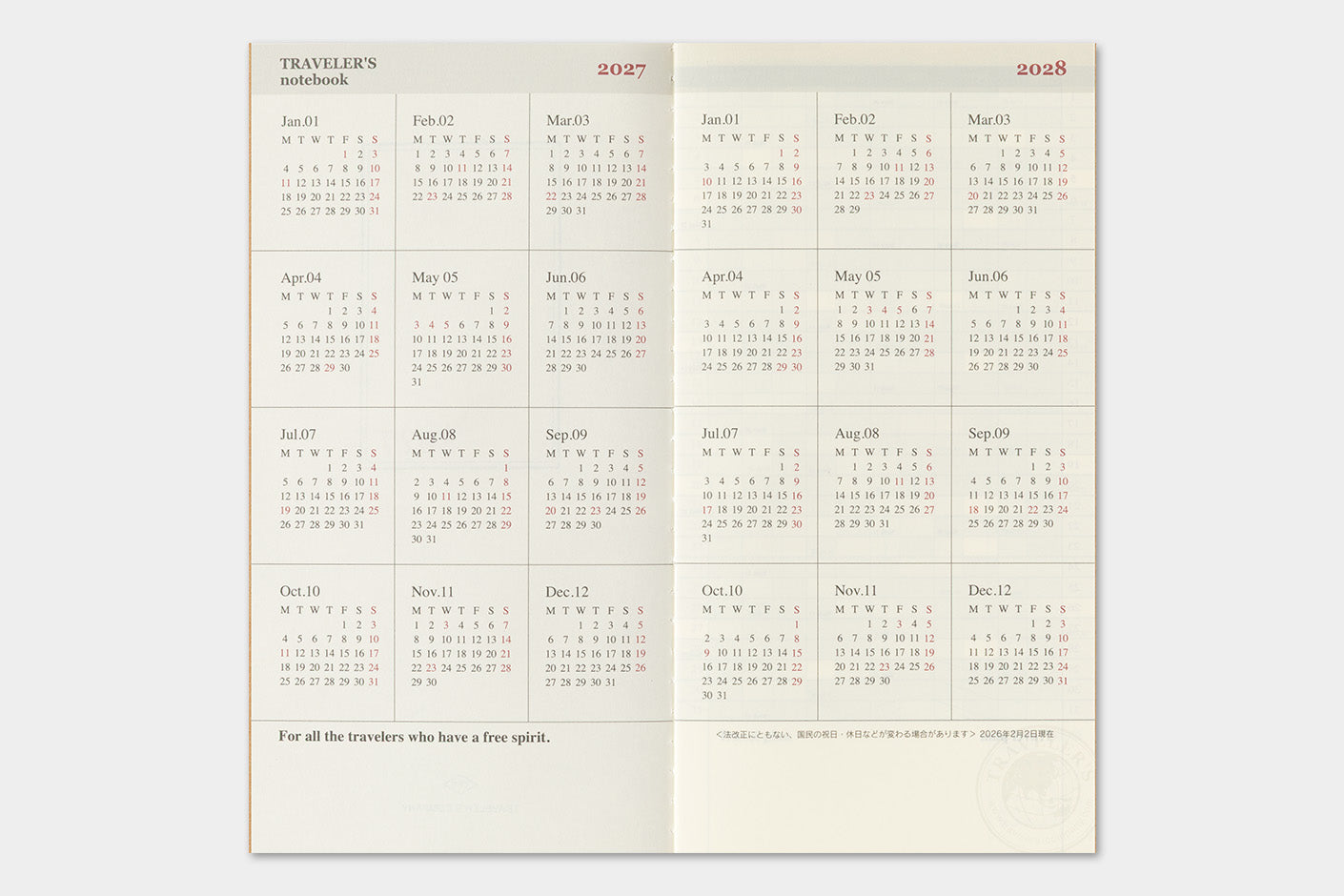 Traveler's Notebook 2027 Monthly Diary Regular Size