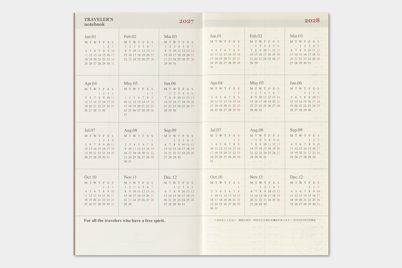 Traveler's Notebook 2027 Weekly Vertical Diary Regular Size