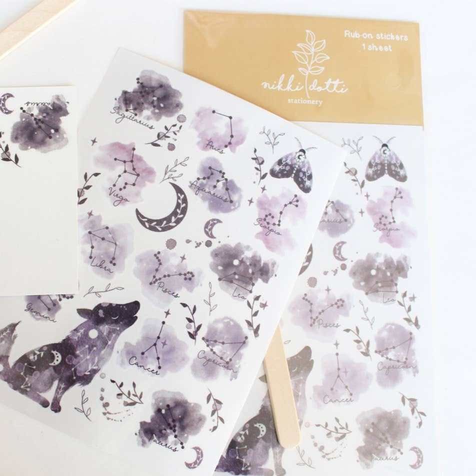 Nikki Dotti Rub on stickers - Celestial One sheet in size A6 + wooden stick