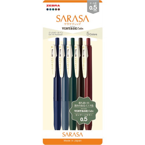 Zebra Sarasa Push Clip Gel-Pen Vintage Set of 5  Colors: Blue Black, Blue Gray , Green Black , Brown Gray, Red Black