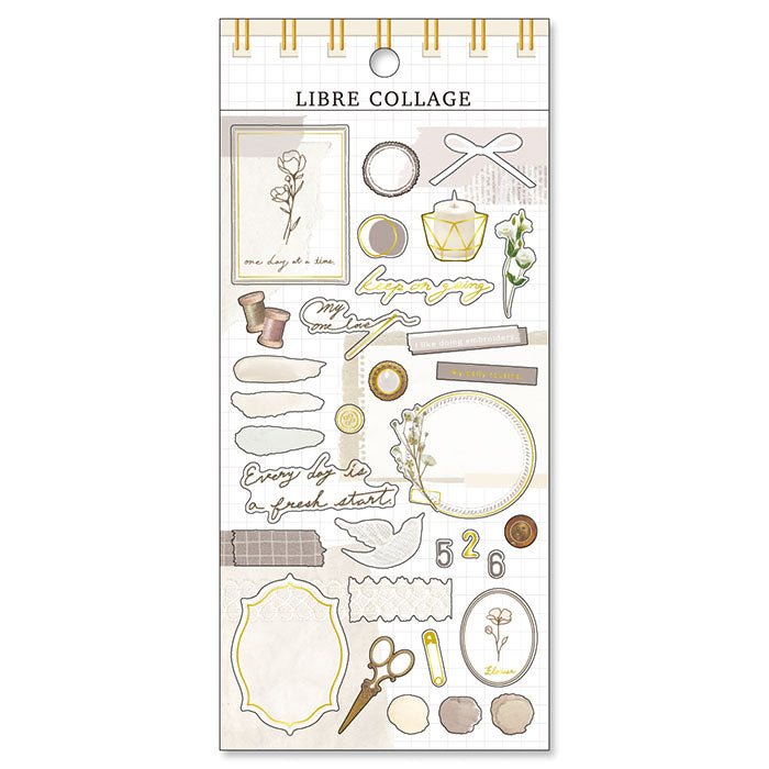 Mind Wave Libre Collage Stickers Ivory Elevate your aesthetic with these exquisite vintage-inspired stickers crafted from delicate tracing paper and embellished with elegant foil accents.