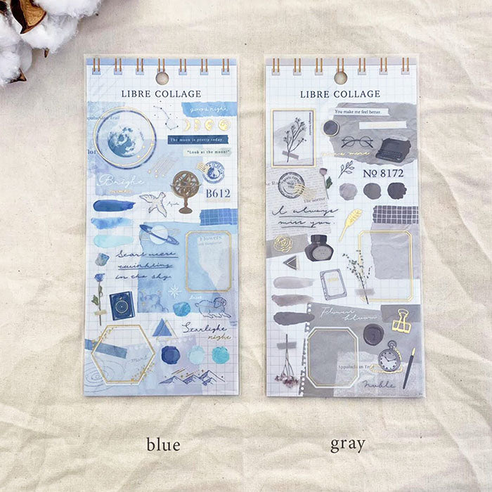 Mind Wave Libre Collage Stickers Blue Elevate your aesthetic with these exquisite vintage-inspired stickers crafted from delicate tracing paper and embellished with elegant foil accents.