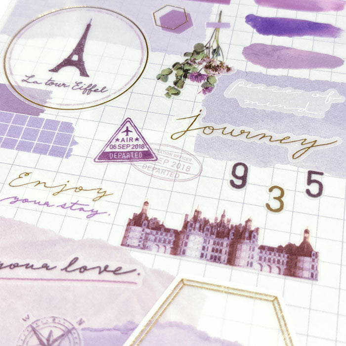 Mind Wave Libre Collage Stickers Purple Elevate your aesthetic with these exquisite vintage-inspired stickers crafted from delicate tracing paper and embellished with elegant foil accents.