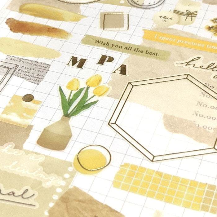 Mind Wave Libre Collage Stickers Yellow Elevate your aesthetic with these exquisite vintage-inspired stickers crafted from delicate tracing paper and embellished with elegant foil accents.