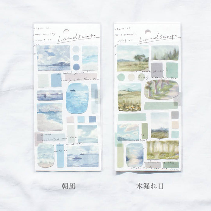 Mind Wave Landscape Sticker Morning Calm Illustrated sticker that looks like a landscape painting. Beautiful transparent finish. These Japanese stickers are perfect for planners, notebooks, and other papercraft projects.