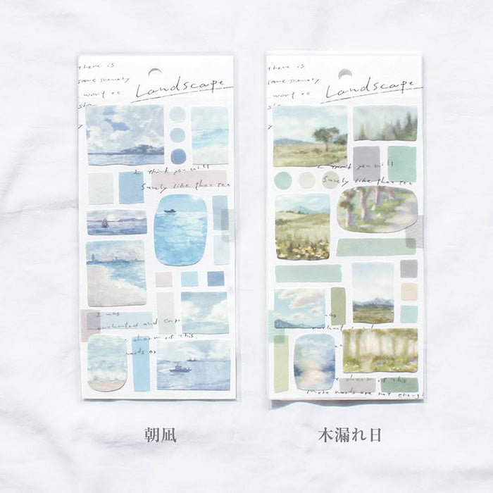 Mind Wave Landscape Sticker Green Trees  Illustrated sticker that looks like a landscape painting. Beautiful transparent finish. These Japanese stickers are perfect for planners, notebooks, and other papercraft projects. 