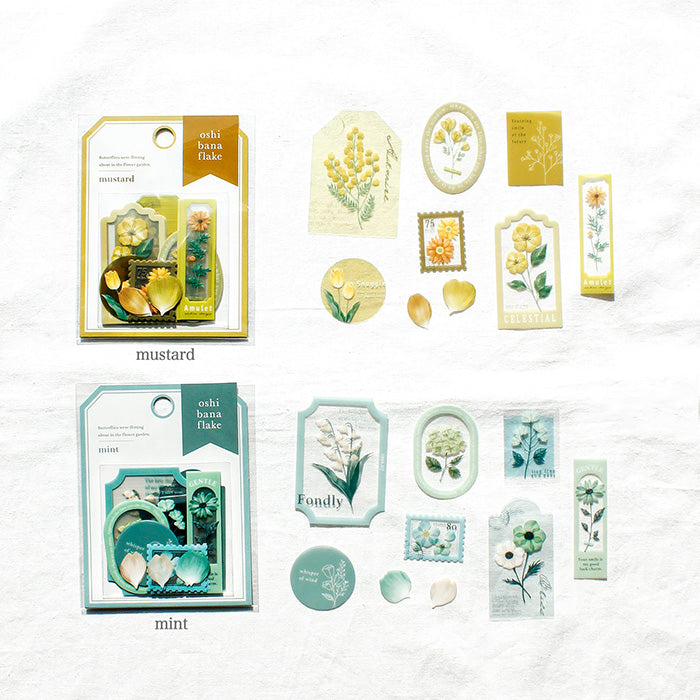 Mind Wave Oshi Bana Flower Sticker Flakes Mint  Add a touch of elegance to your papercraft projects with these color-coordinated Oshi Bana Flower PET -Sticker Flakes. This set includes exquisite flower and frame stickers that will elevate your planners, journals, or any other papercraft projects.