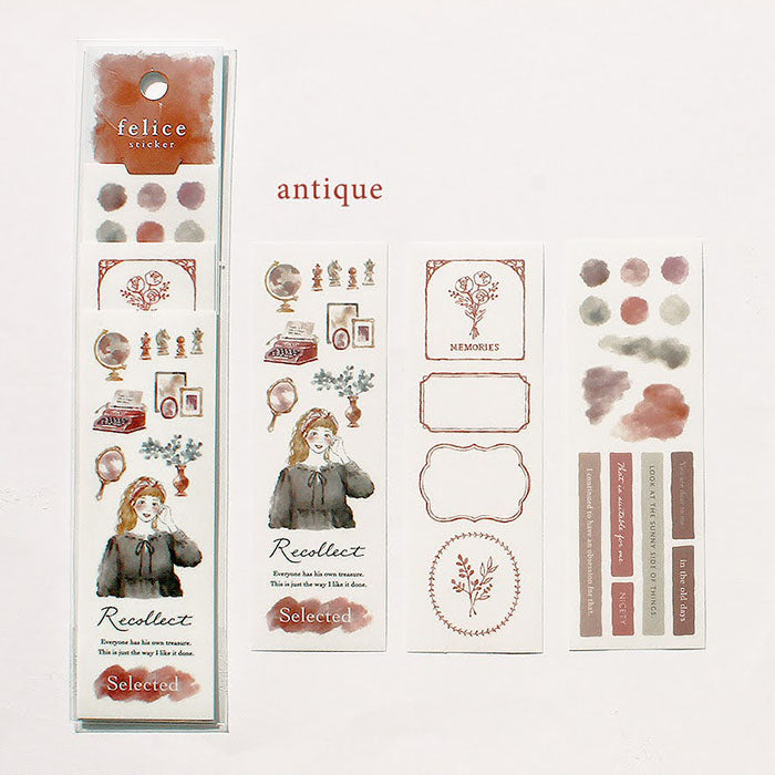 Mind Wave Felice Sticker Antique Set of color-coordinated stickers. These Japanese stickers are perfect for planners, notebooks, and other papercraft projects.