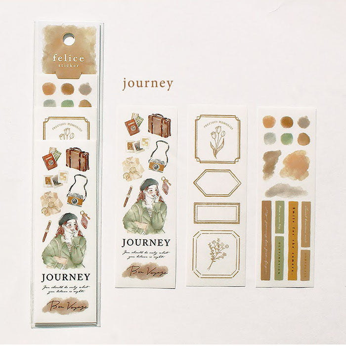 Mind Wave Felice Sticker Journey  Set of color-coordinated stickers. These Japanese stickers are perfect for planners, notebooks, and other papercraft projects.