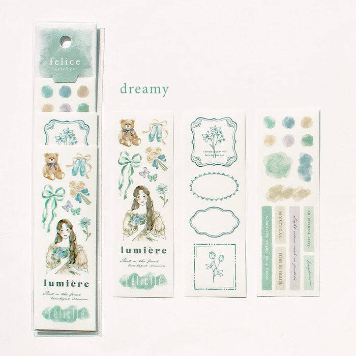 Mind Wave Felice Sticker Dreamy Set of color-coordinated stickers. These Japanese stickers are perfect for planners, notebooks, and other papercraft projects.