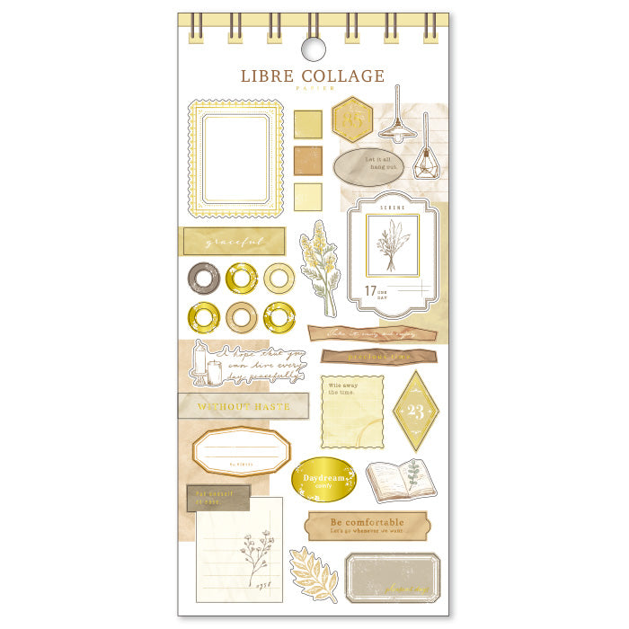 Mind Wave Libre Collage Papier Yellow Elevate your aesthetic with these exquisite vintage-inspired stickers crafted from textured Japanese cotton paper and embellished with elegant foil accents.