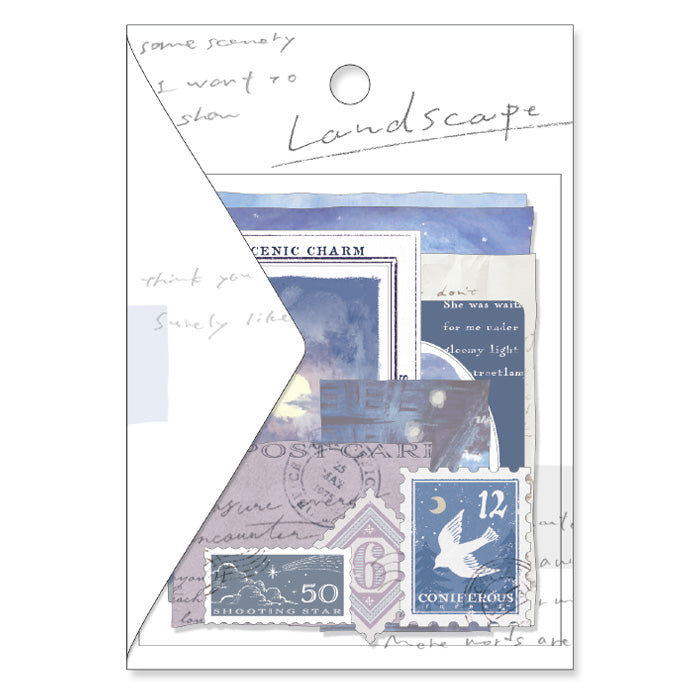 Mind Wave Sticker Flakes Landscape Moonlight Beautiful collage style sticker set. These Japanese sticker feature painting like landscapes, stamps and beautiful vintage-style paper stickers.