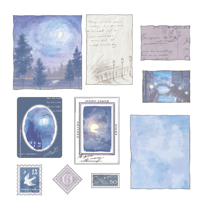 Mind Wave Sticker Flakes Landscape Moonlight Beautiful collage style sticker set. These Japanese sticker feature painting like landscapes, stamps and beautiful vintage-style paper stickers.