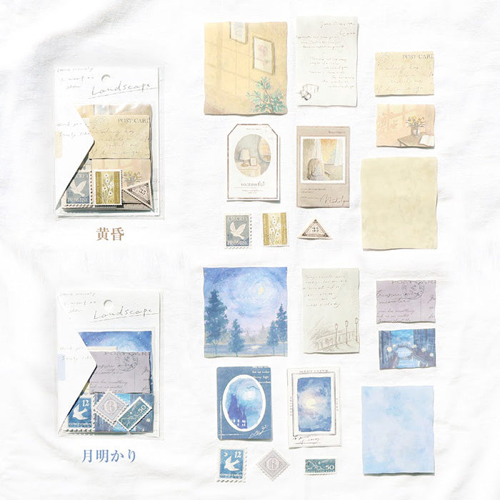Mind Wave Sticker Flakes Landscape Moonlight Beautiful collage style sticker set. These Japanese sticker feature painting like landscapes, stamps and beautiful vintage-style paper stickers.