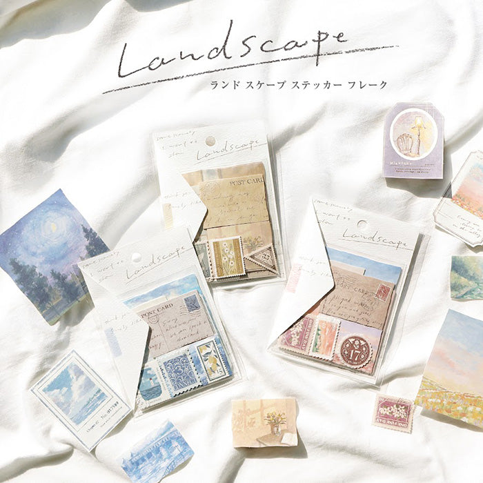 Mind Wave Sticker Flakes Landscape Moonlight Beautiful collage style sticker set. These Japanese sticker feature painting like landscapes, stamps and beautiful vintage-style paper stickers.