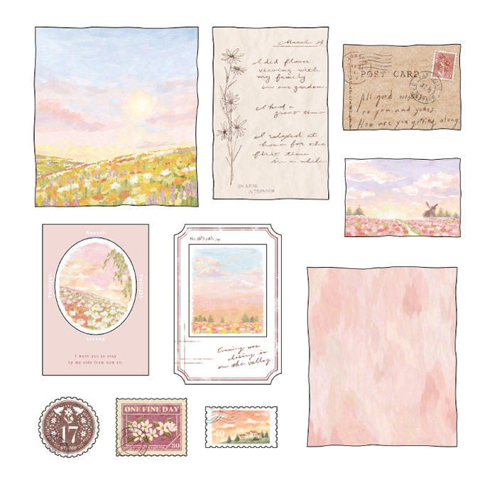 Mind Wave Sticker Flakes Landscape Pink Cloud     Beautiful collage style sticker set. These Japanese sticker feature painting like landscapes, stamps and beautiful vintage-style paper stickers.