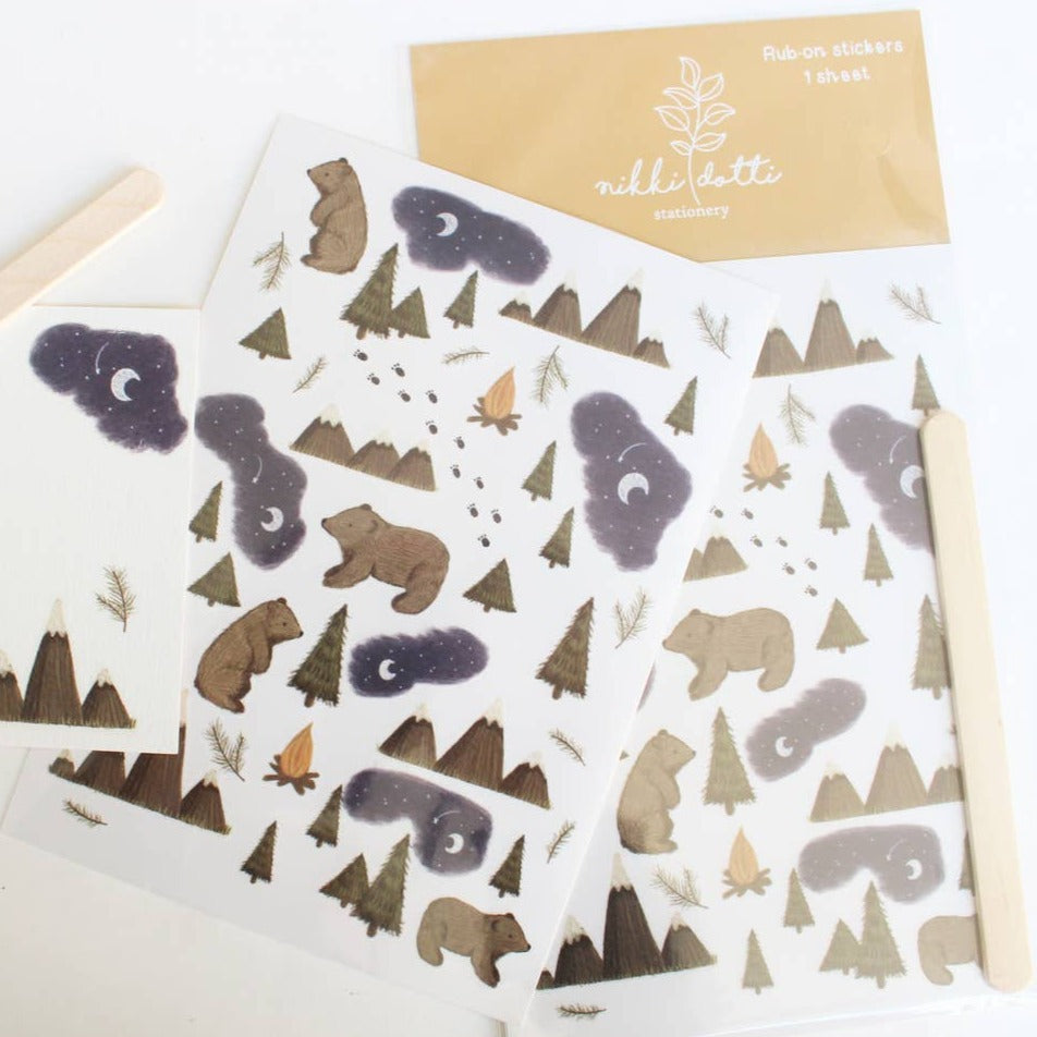 Nikki Dotti Rub on stickers - Into the Mountains  One sheet in size A6 + wooden stick