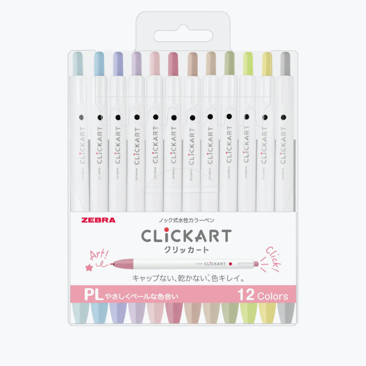 Zebra Clickart 12 Colors Set Pale Color 0.6mm tip Zebra Clickart combines is a felt tip pen with the mechanism of a ballpoint pen Winner of 2019 Good Design Award Colors in this set :  powder blue, powder pink, pale rose, lemon, lime, light khaki, soda blue, lilac, blueberry ice cream, sand beige, brown sugar and light gray