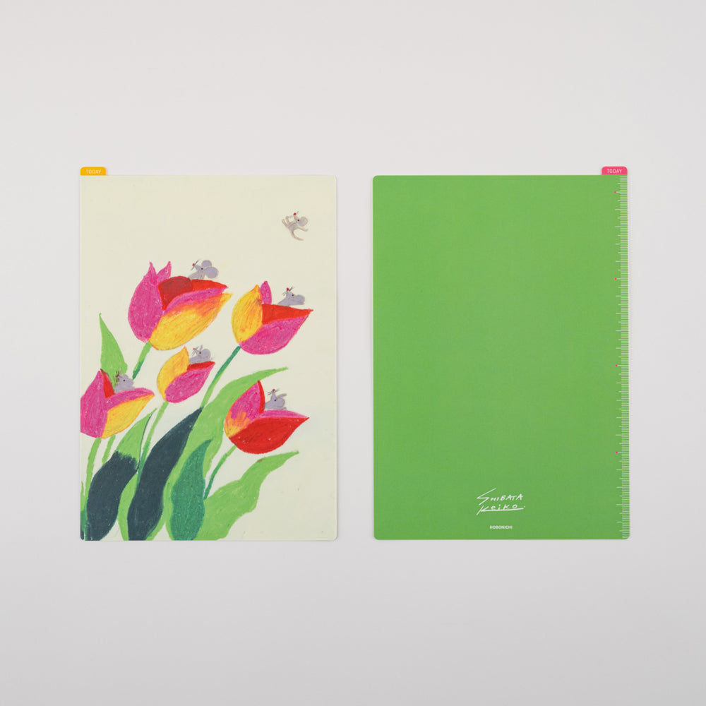 Hobonichi Pencil Board for A5 Size Keiko Shibata - Swaying tulips This pencil board features an illustration created by Keiko Shibata. In this pencil board you can find mice in a tulip field playing in the wind.