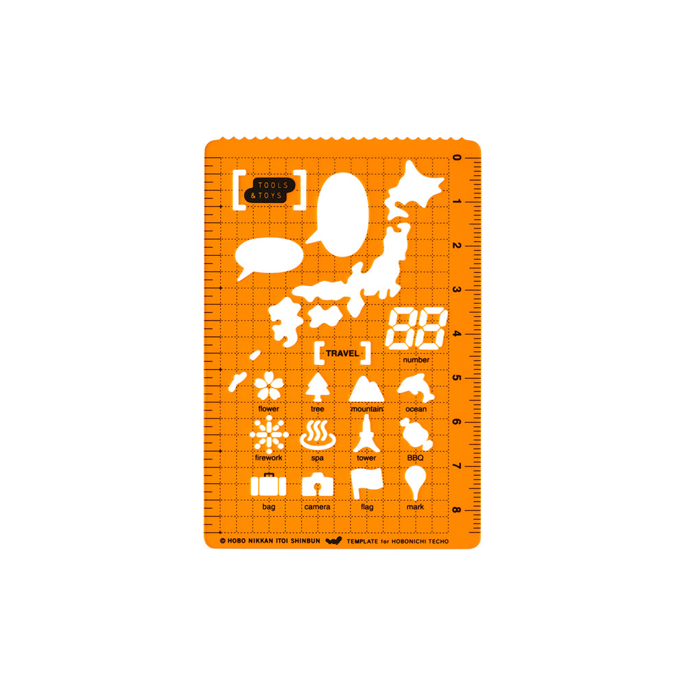 Hobonichi Stencil Travel Hobonichi stencils are designed to perfectly fit into planner cover pockets. The Travel set includes an outline of Japan, symbols for hot springs and fireworks, and other icons for travel and vacation.