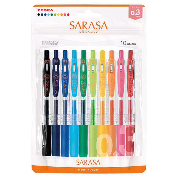 Zebra Sarasa Push Clip Gel-Pen 0.3mm 10pcs set  10 gel-pens set, different colors  Colors included : black, blue black, cobalt blue, light blue, green, light green, yellow, orange, pink and red.