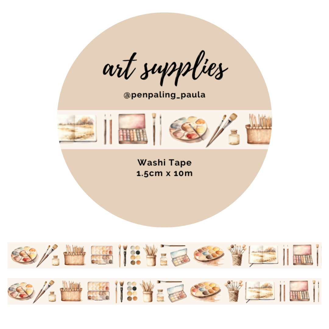Washi tape with art supplies design on a beige background