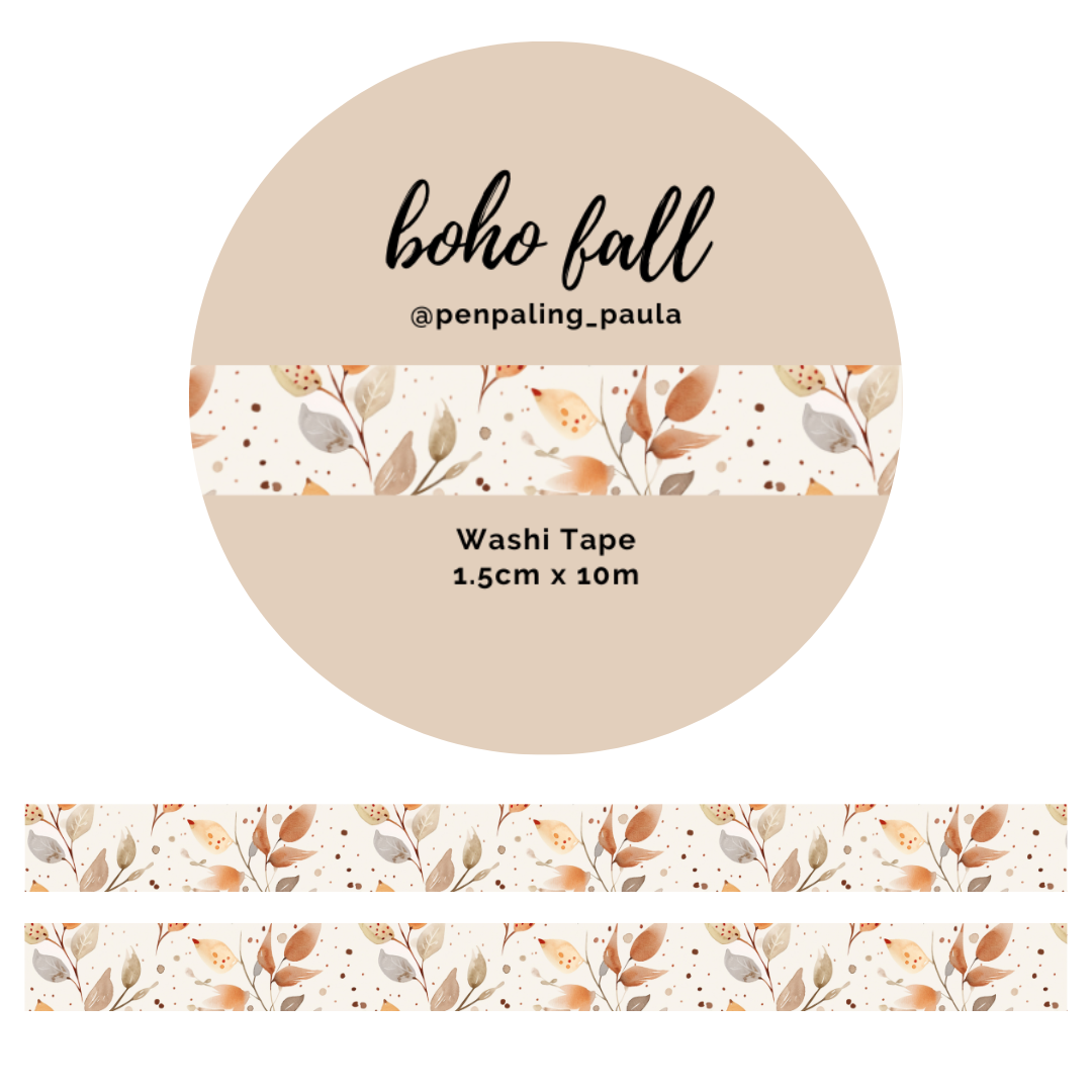 Washi tape with boho fall design and branding on a beige background