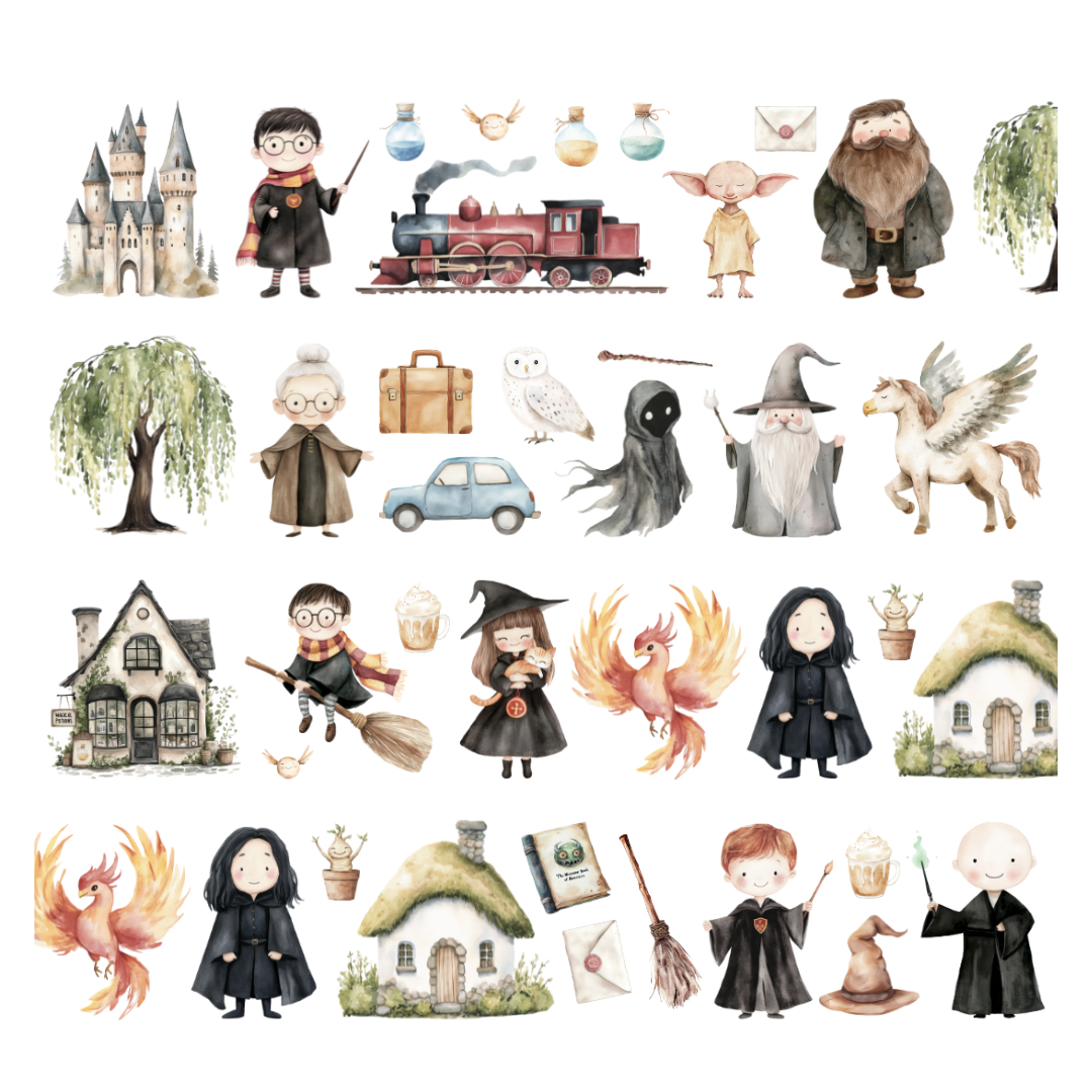 Collection of Harry Potter-themed illustrations including characters, houses, and creatures on a white background.
