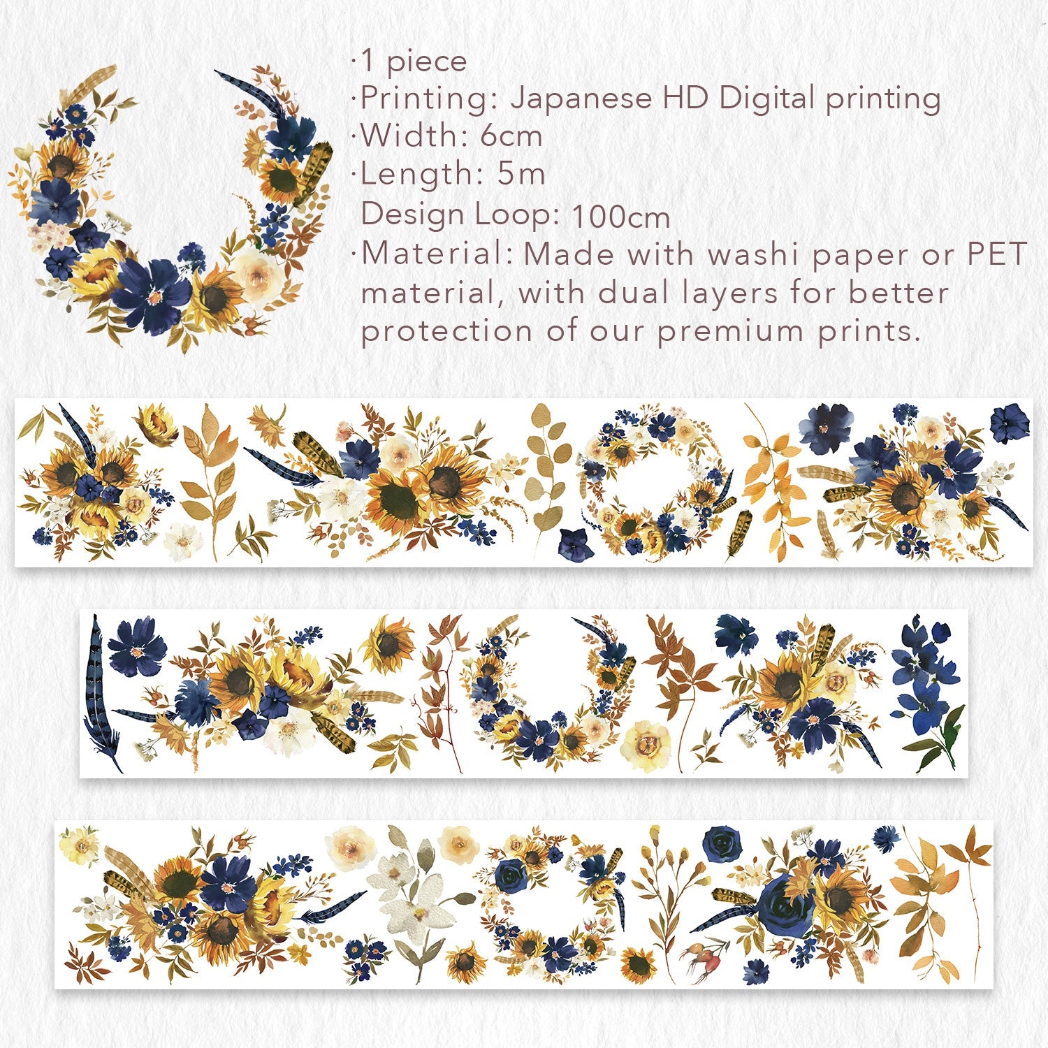 Sunflower & Navy Wide Washiteippi 60mm