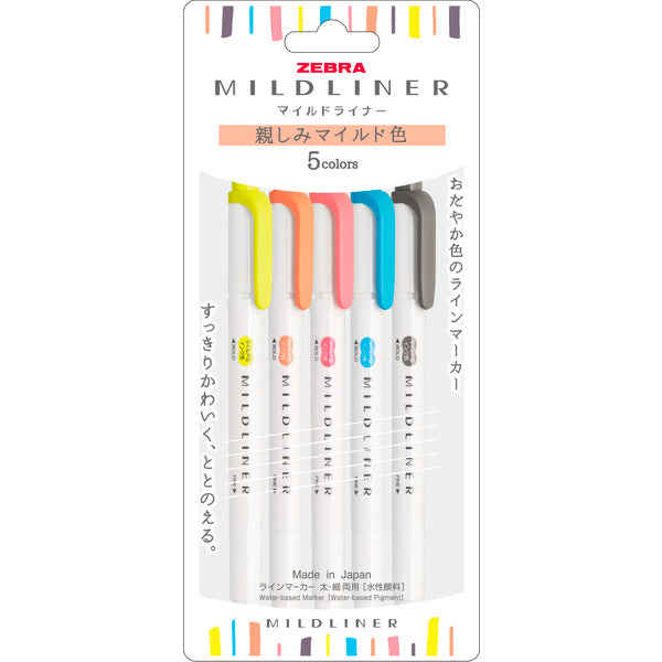 Zebra Mildliner 5 colors set Highlighter - Familiar  5 double sided highlighters in different colors  Colors included: Mild Apricot, Mild Coral Pink, Mild Cyan, Mild Dark Gray, and Mild Lemon Yellow