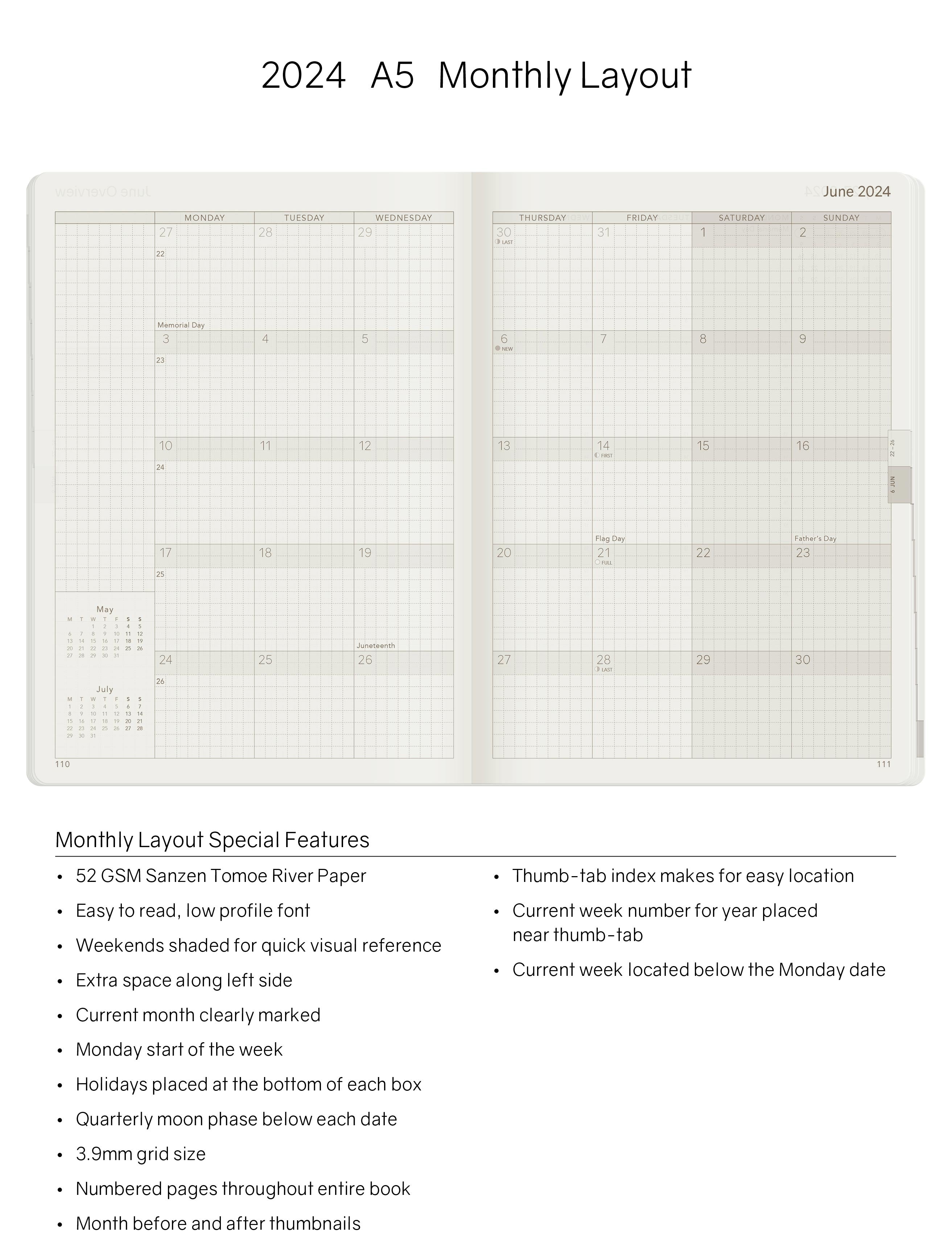 2024 A5 Weekly Planner (Stacked Weekends) -Everygreen (Dark Green) 52gsm Tomoe River Paper