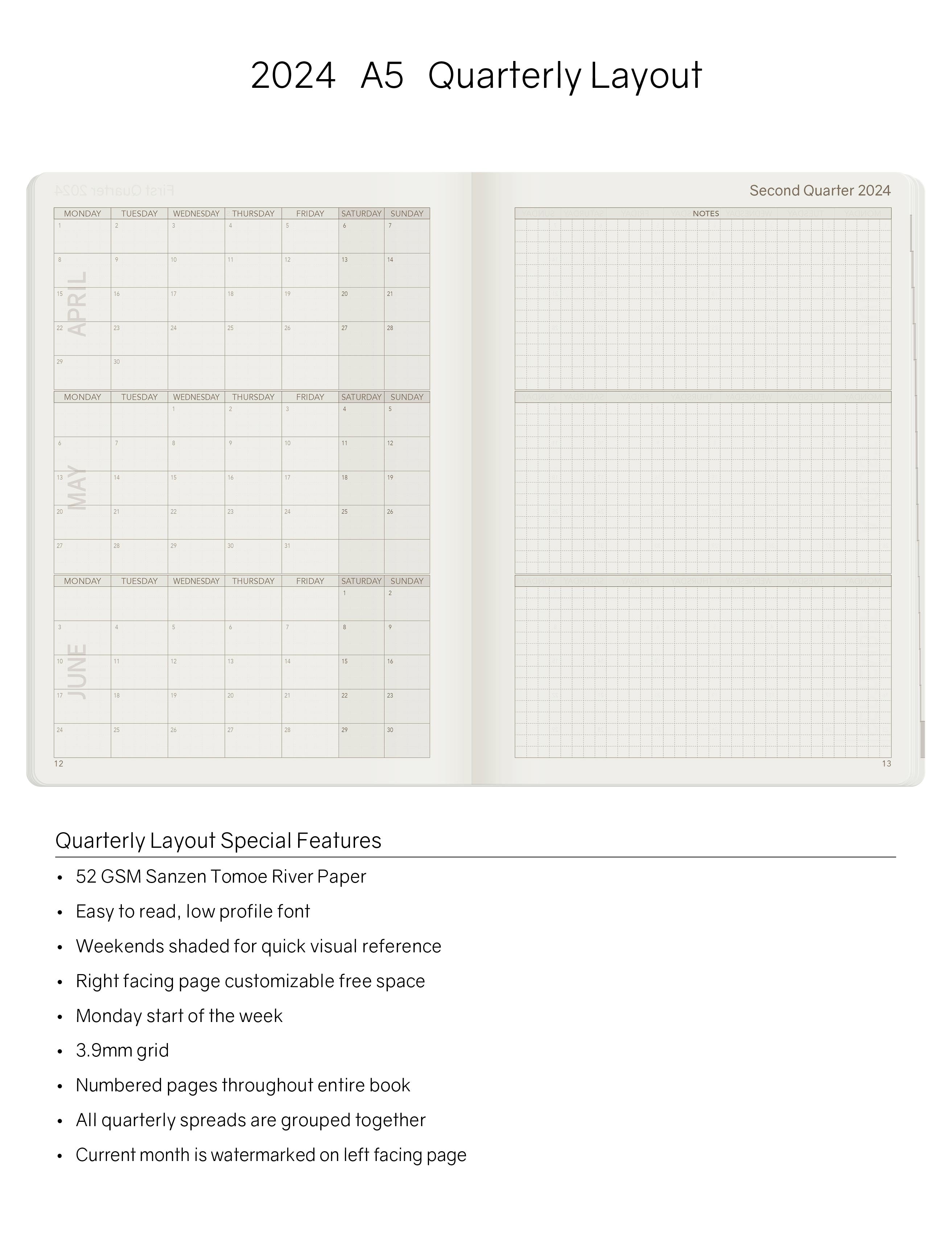 2024 A5 Weekly Planner (Stacked Weekends) -Everygreen (Dark Green) 52gsm Tomoe River Paper
