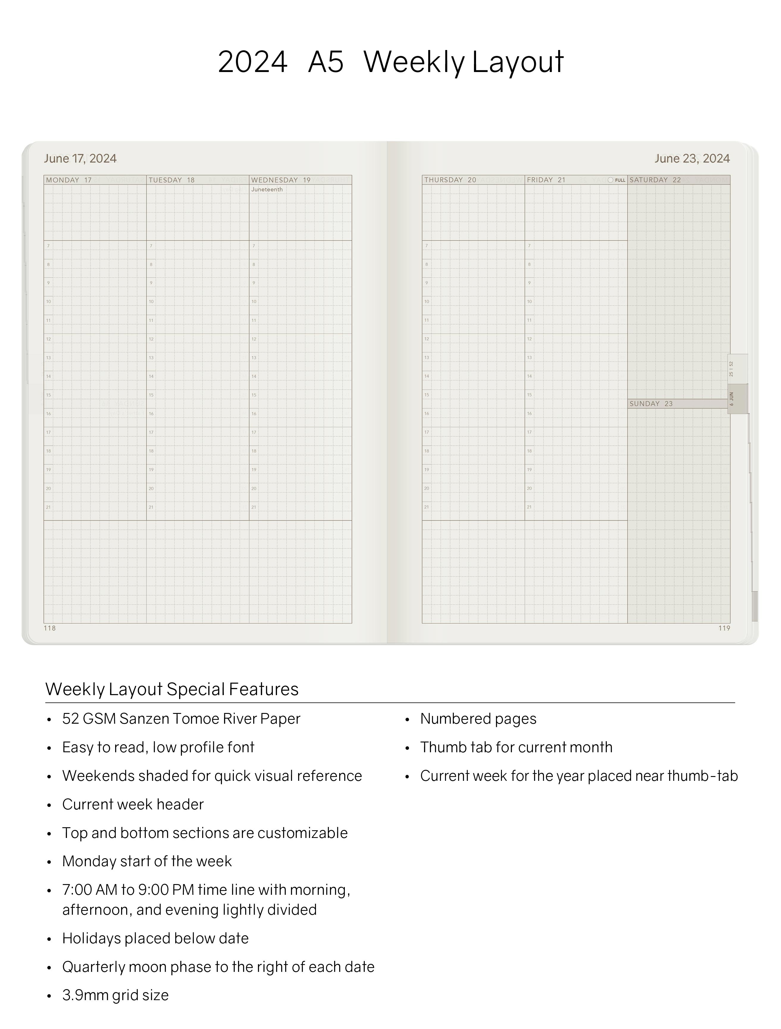2024 A5 Weekly Planner (Stacked Weekends) -Everygreen (Dark Green) 52gsm Tomoe River Paper