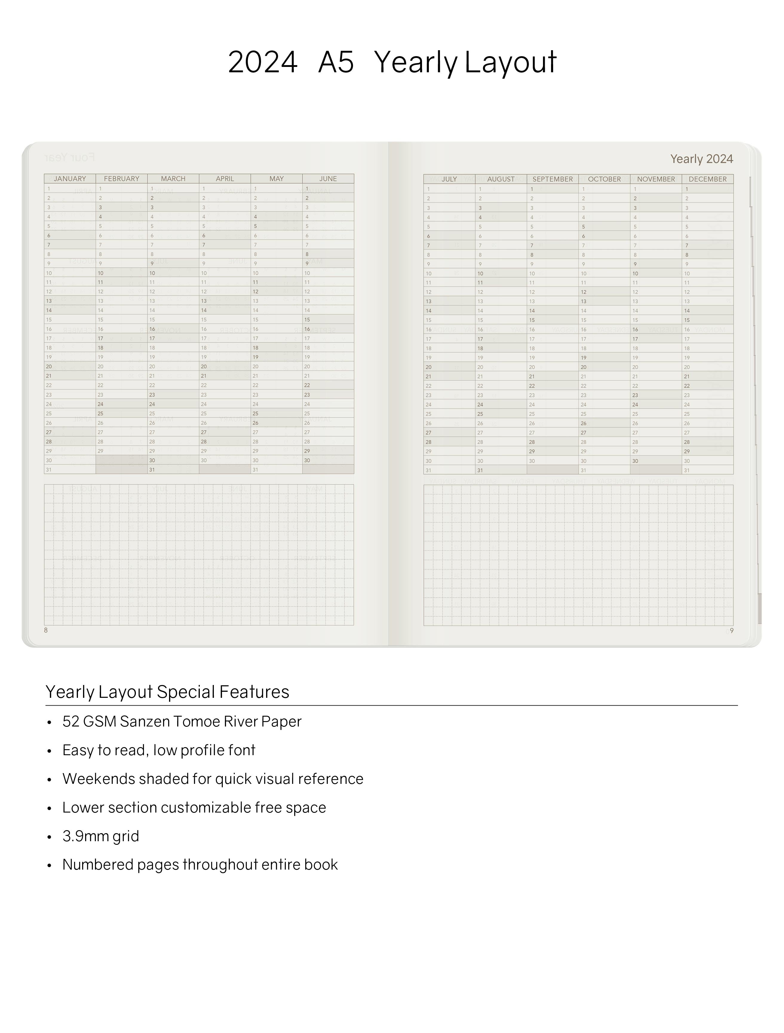 2024 A5 Weekly Planner (Stacked Weekends) -Everygreen (Dark Green) 52gsm Tomoe River Paper