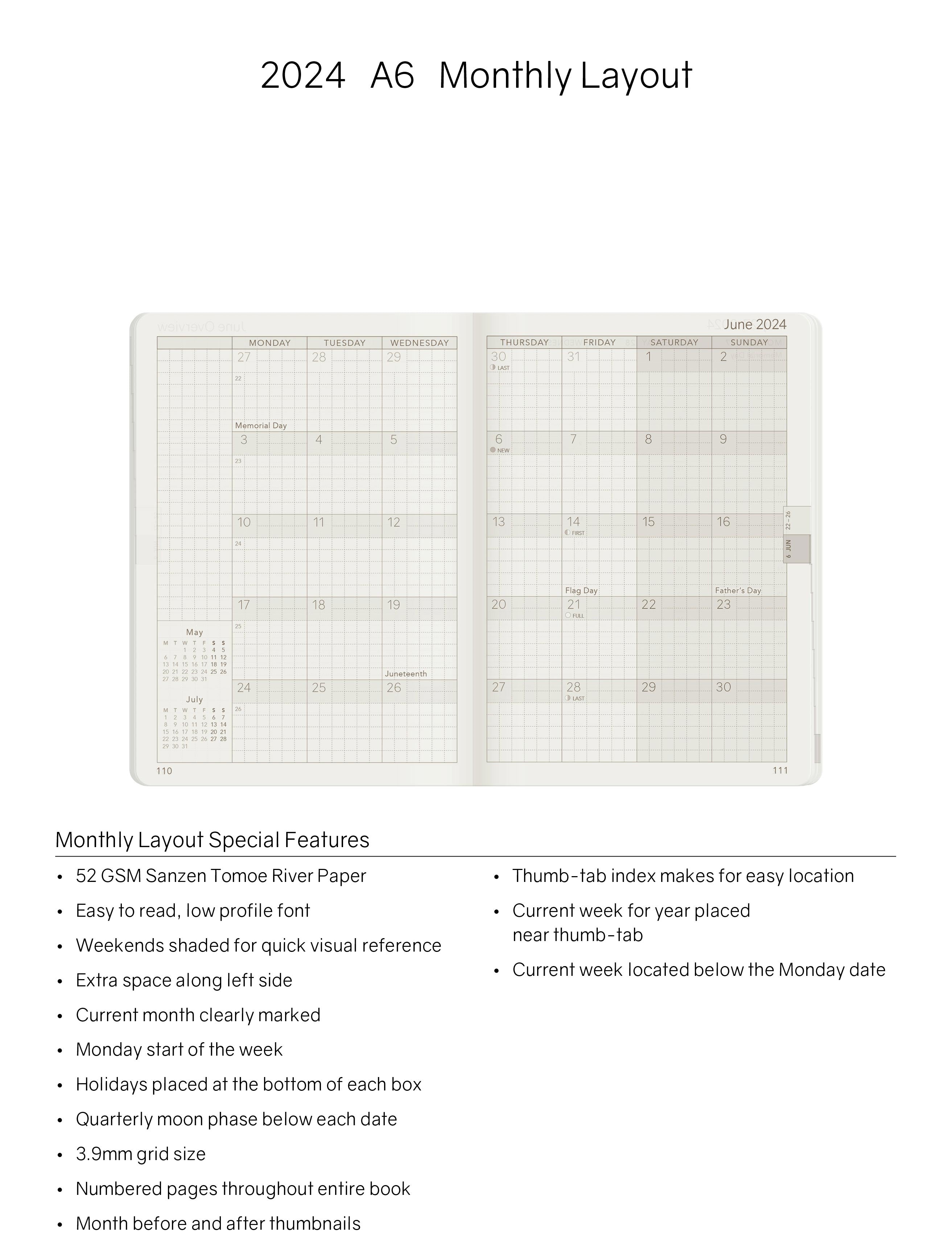 2024 A6 Weekly Planner - Evergreen (Dark Green)- 52gsm Tomoe River Paper (Stacked Weekends)