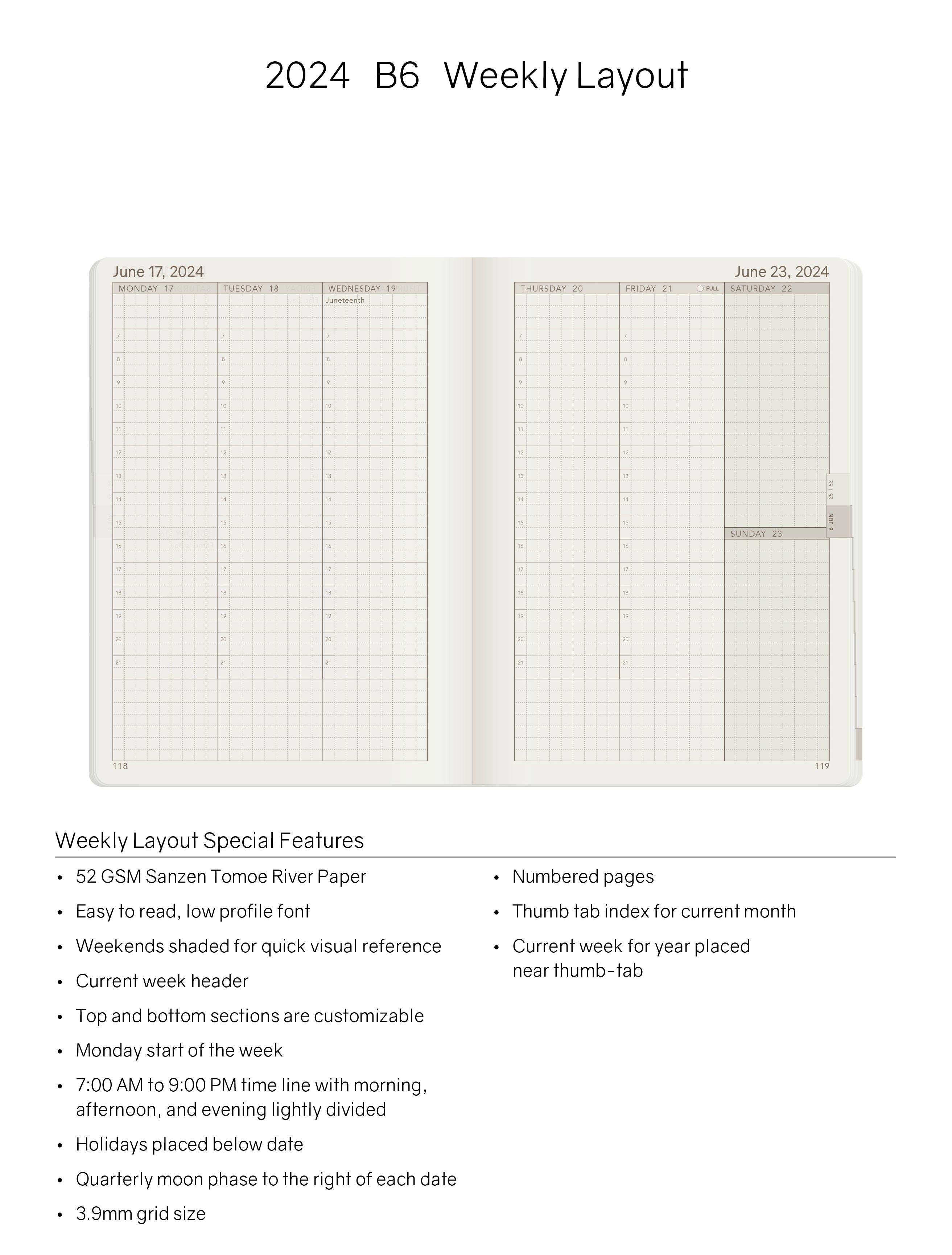 2024 B6 Weekly Planner - Midnight Sky (Black) - 52gsm Tomoe River Paper (Stacked Weekends)