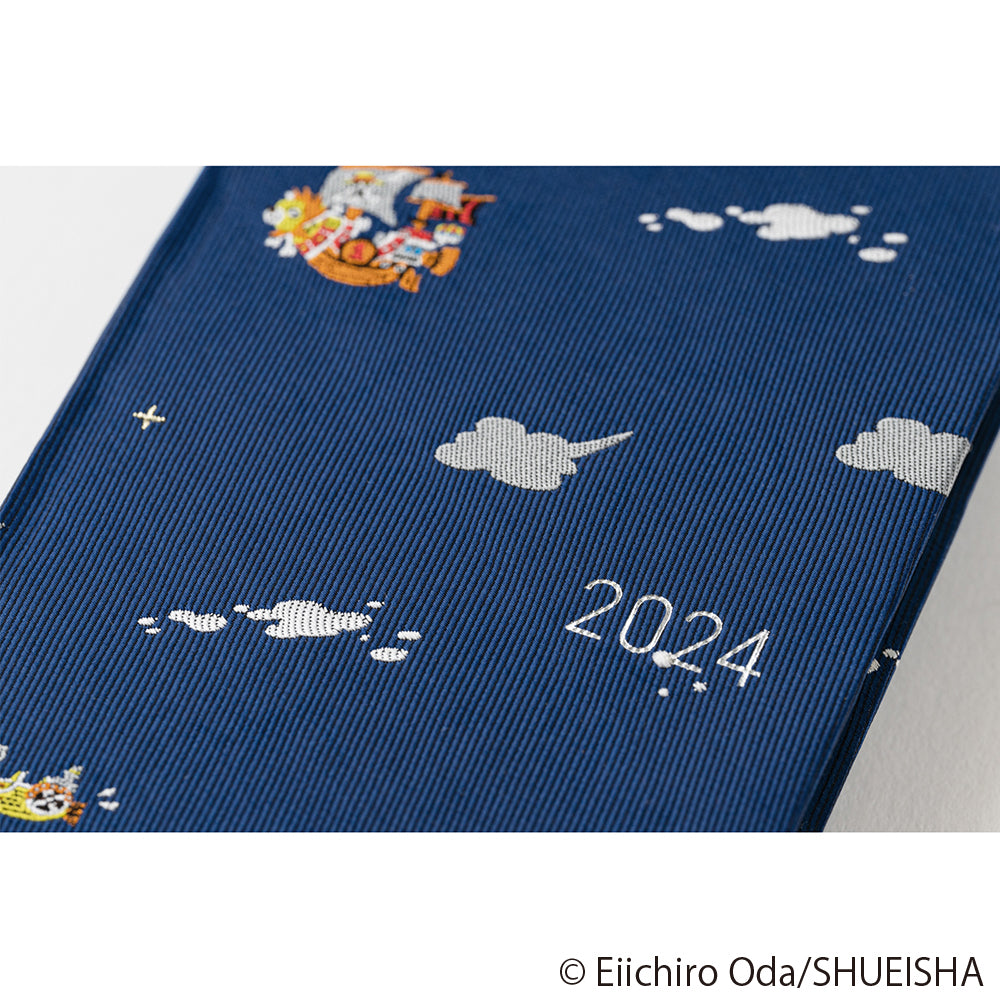 Hobonichi Weeks ONE PIECE magazine: Like the Sun 2024 ENG This long-wallet size weekly Hobonichi Techo has the cover design attached to the book. Hardcover book with a polyester cloth cover made of necktie material. This design is based on popular manga One Piece.
