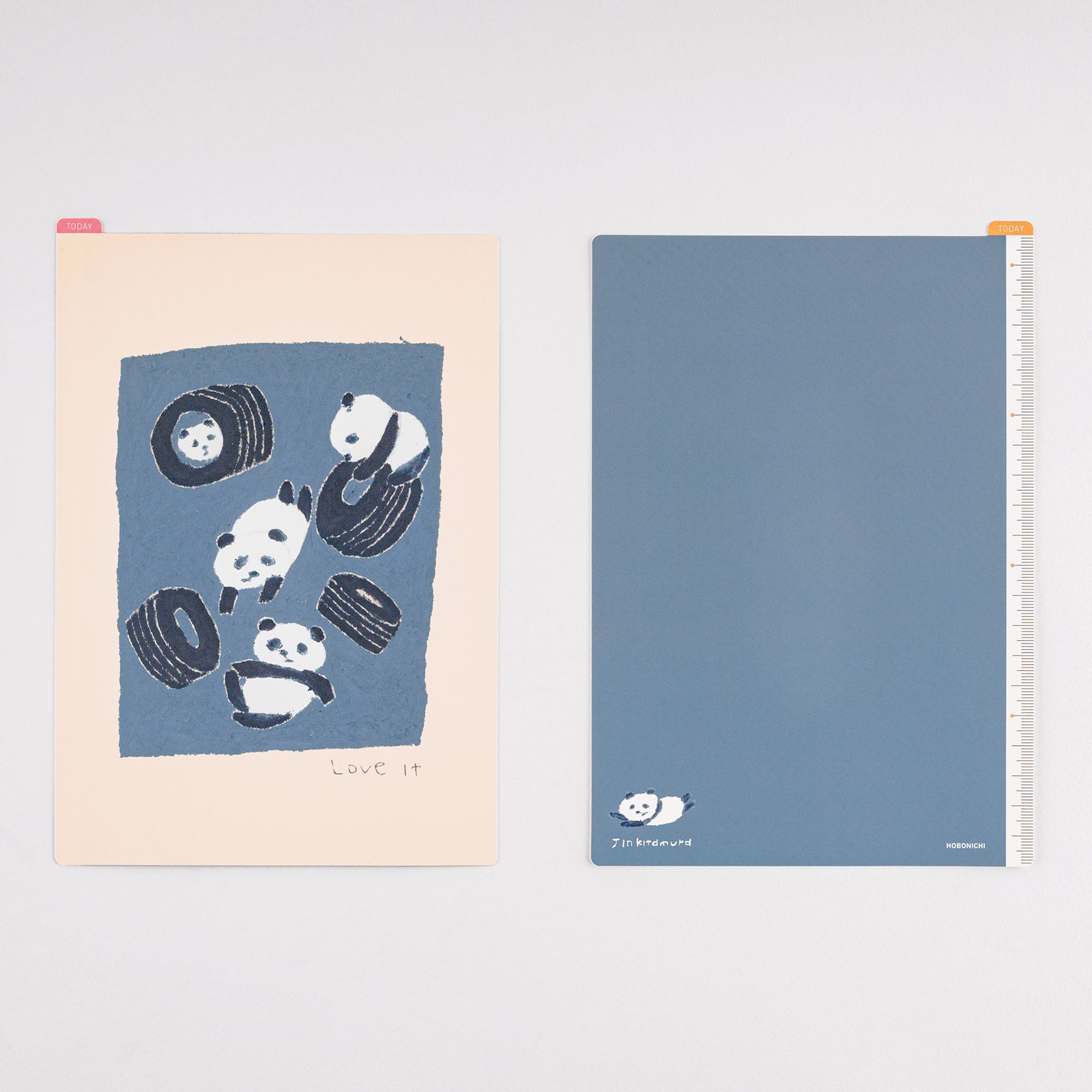Hobonichi Jin Kitamura: Pencil Board for A5 Size (Love it (Panda)) This pencil board features pandas drawn by illustrator and children’s book author Jin Kitamura. The Hobonichi pencil boards are designed to use underneath the page you are writing on to keep your writing experience even smoother.