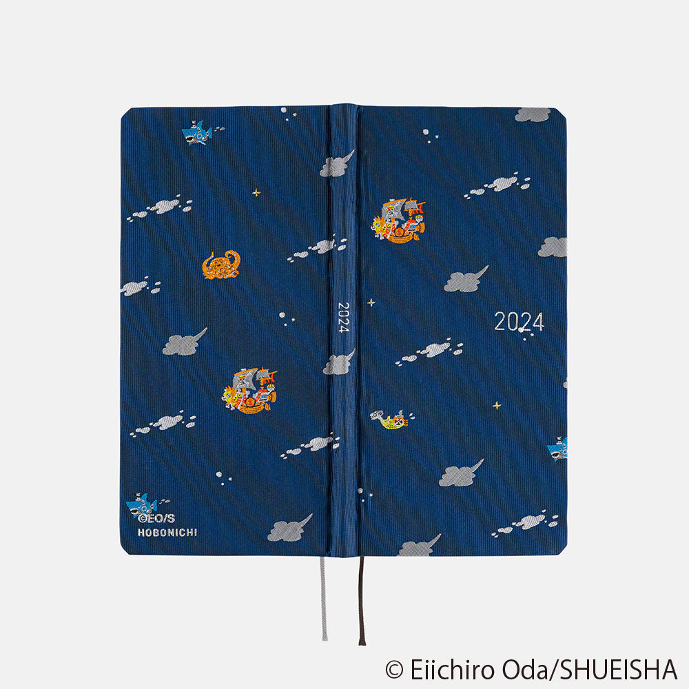 Hobonichi Weeks ONE PIECE magazine: Like the Sun 2024 ENG This long-wallet size weekly Hobonichi Techo has the cover design attached to the book. Hardcover book with a polyester cloth cover made of necktie material. This design is based on popular manga One Piece.