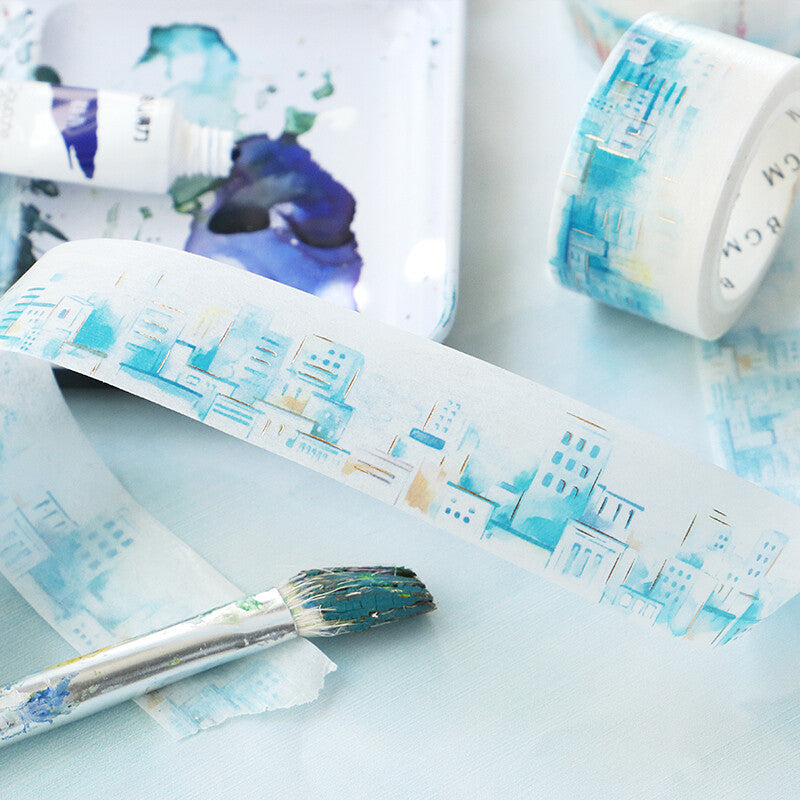 20mm Foil Washiteippi Watercolor Town Blue