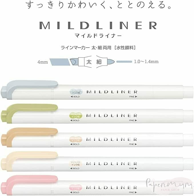 Zebra Mildliner 5 colors set Natural  5 double sided highlighters in different colors  Colors in this set Mild Dusty Pink, Mild Cream, Mild Beige, Mild Olive, Mild Cool Gray
