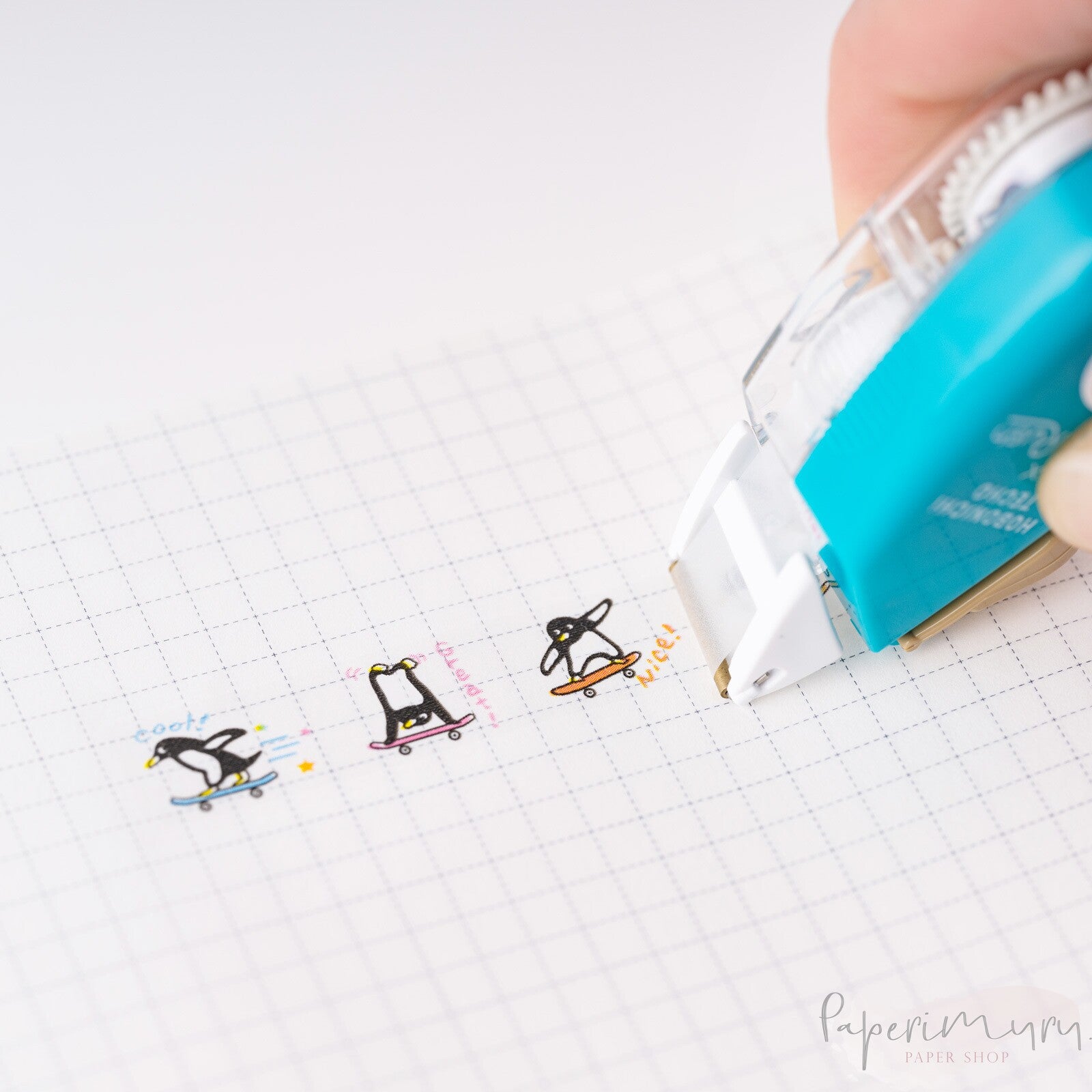 Hobonichi x Plus : Deco Rush - Skateboard Penguin This Deco Rush is an original for the Hobonichi Techo and depicts an active penguin. Deco Rush is a decorative tape that works like a correction tape and provides an easy way to spruce up your techo pages with a cute look.