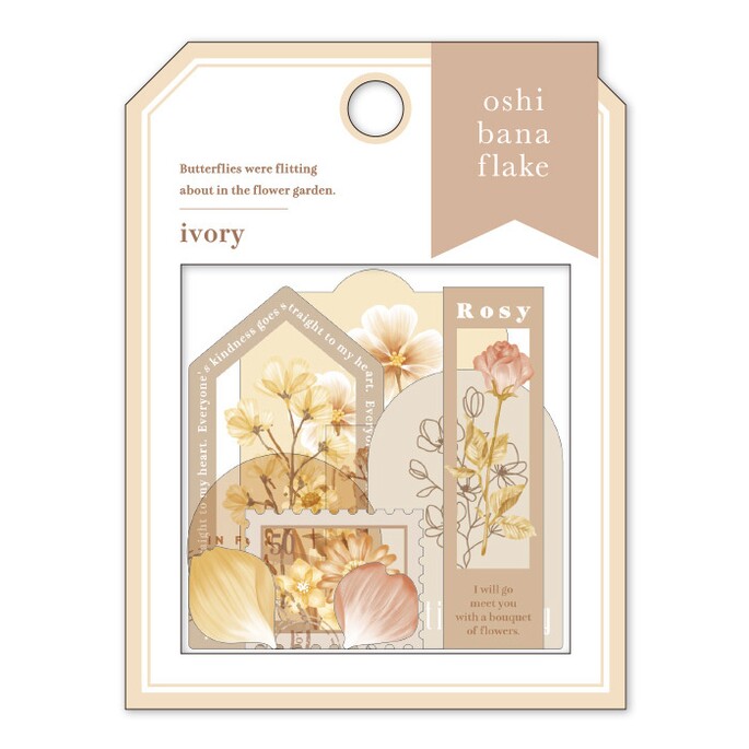 Mind Wave Oshi Bana Flower Sticker Flakes Ivory Add a touch of elegance to your papercraft projects with these color-coordinated Oshi Bana Flower PET -Sticker Flakes. This set includes exquisite flower and frame stickers that will elevate your planners, journals, or any other papercraft projects.