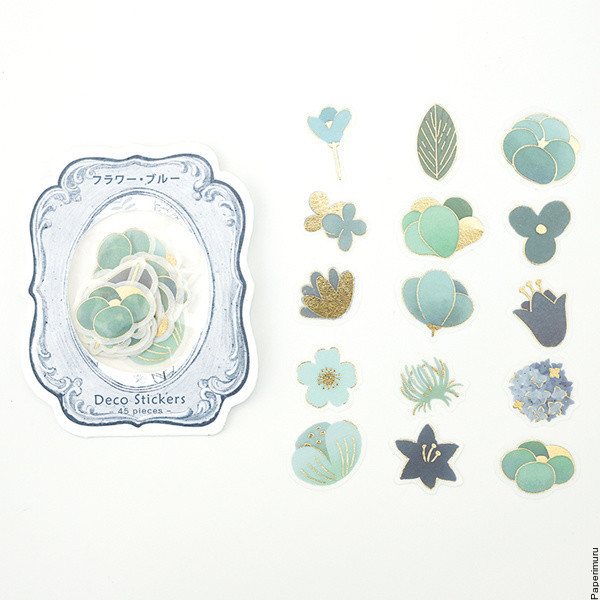 Washi Sticker Flakes Blue Flowers Foil
