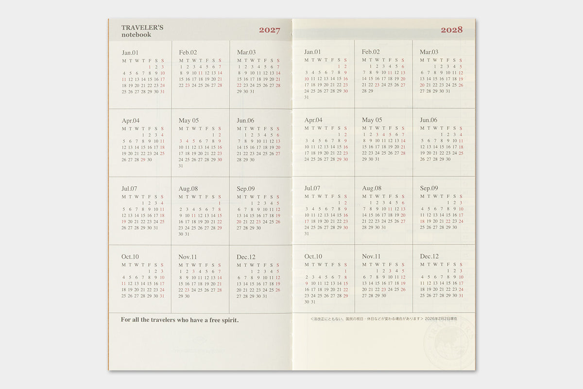 Traveler's Notebook 2027 Monthly Diary Regular Size