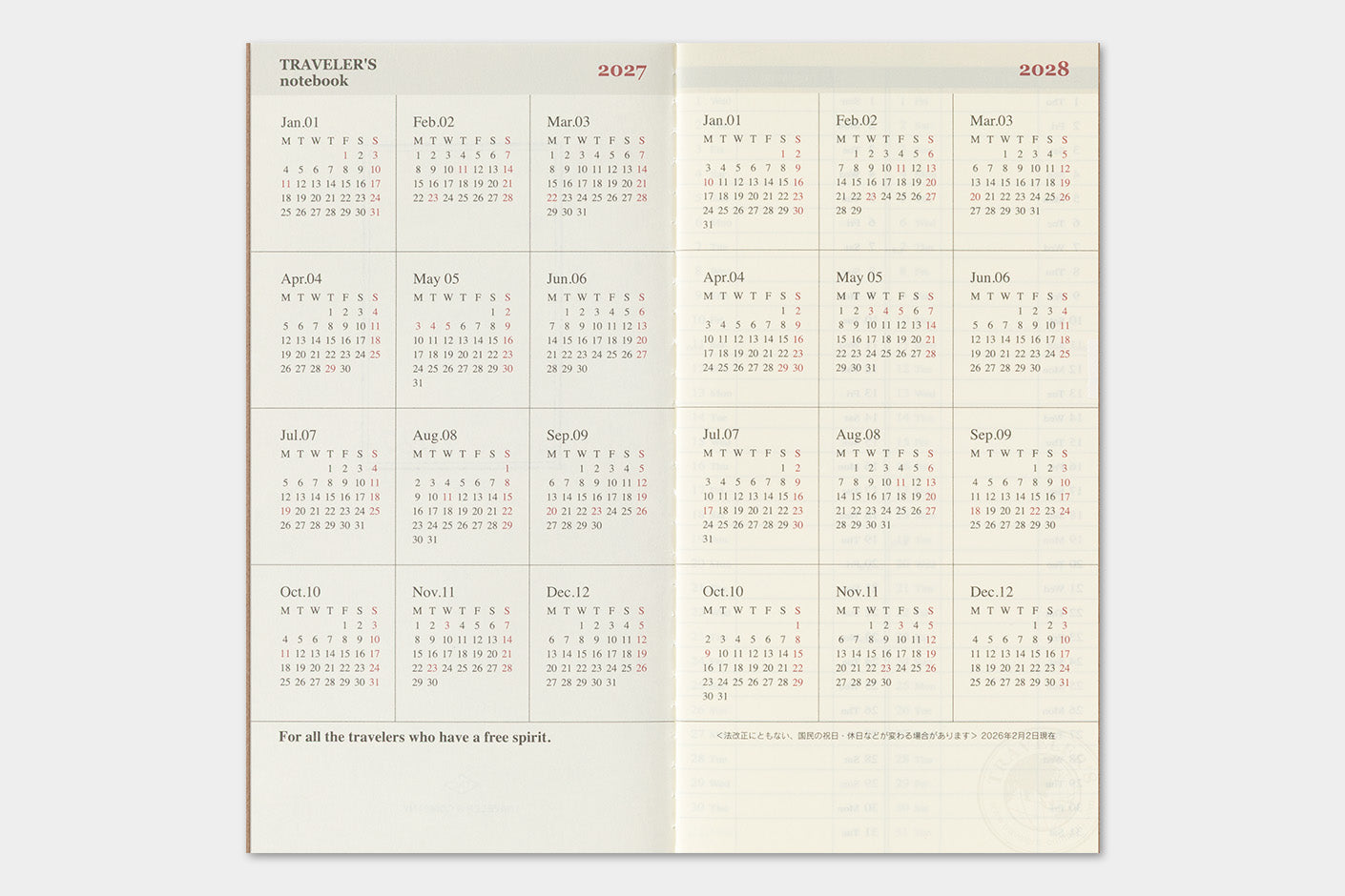 Traveler's Notebook 2027 Weekly + Memo Diary Regular Size