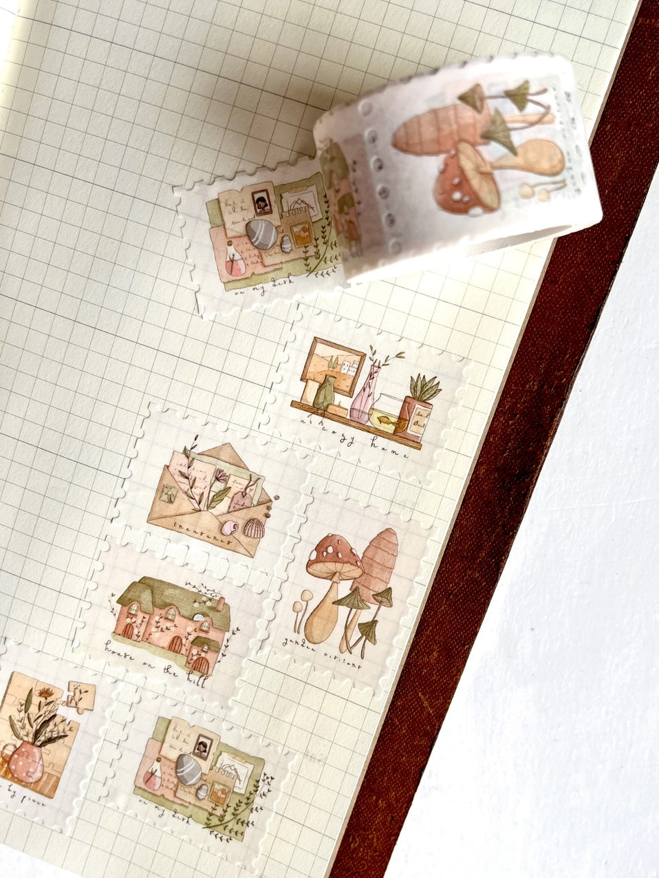 Nikki Dotti Washi Tape - Postage Stamp - At Home Beautiful washitape with muted illustrations that can be used as postage stamp look-a-like stickers