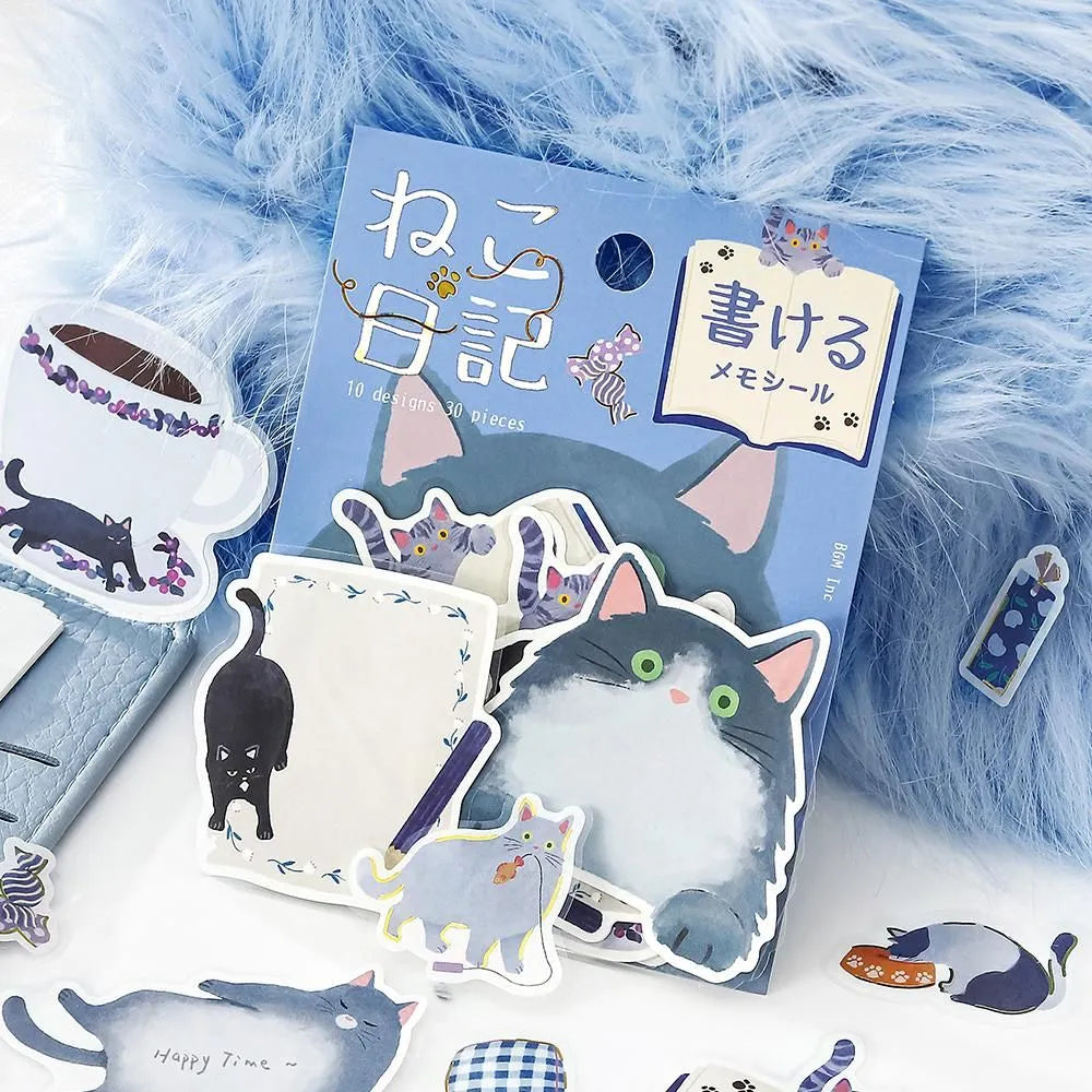 Cat Diary Memo Stickers Blue