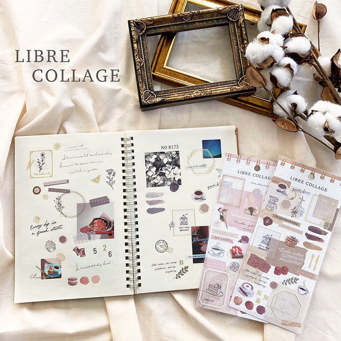 Mind Wave Libre Collage Stickers Gray  Elevate your aesthetic with these exquisite vintage-inspired stickers crafted from delicate tracing paper and embellished with elegant foil accents.