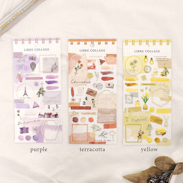 Mind Wave Libre Collage Stickers Purple  Elevate your aesthetic with these exquisite vintage-inspired stickers crafted from delicate tracing paper and embellished with elegant foil accents.